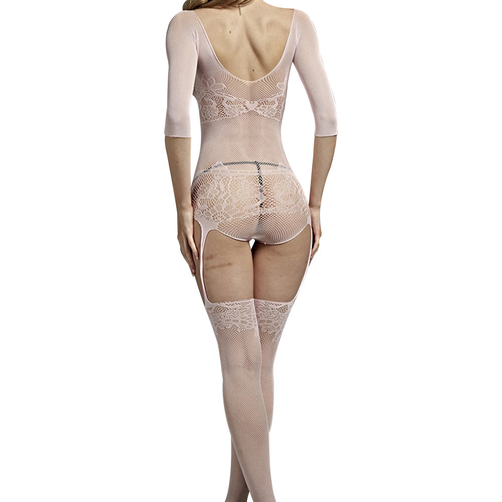 Love in Leather Rimes Blush Bodysuit with attached Garter Stockings