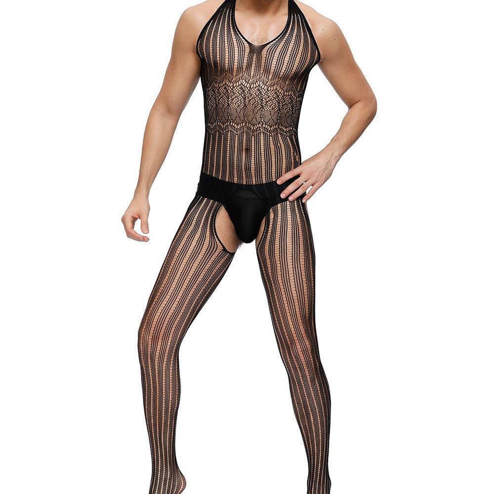 OhYeah Stripe Fishnet Open Back Bodystocking For Men