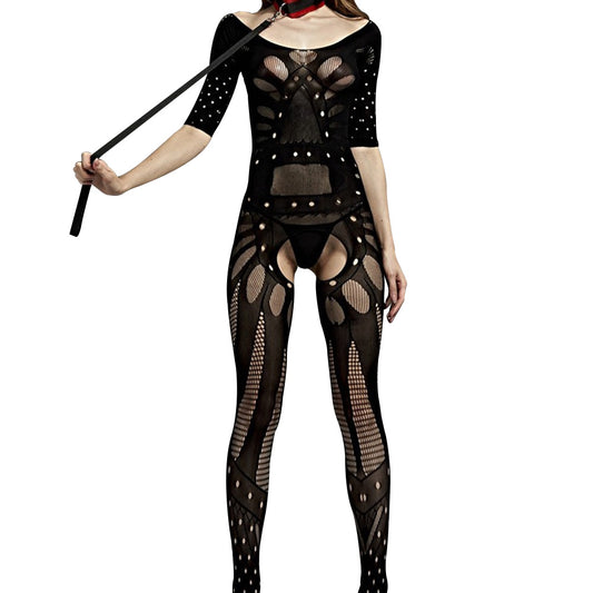 Love in Leather Rimes Crotchless 3/4 Sleeve Bodystocking