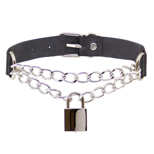 Love In Leather Faux Leather Chain Choker with Padlock