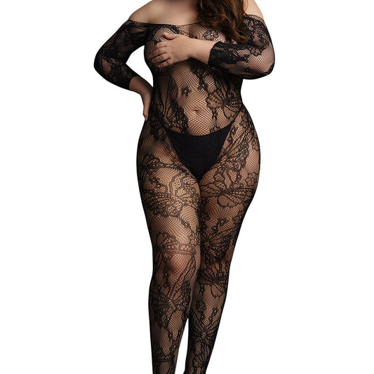 Le Desir Lace Sleeved Bodystocking - Black Queen Size