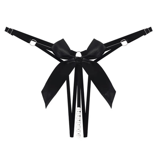 Love In Leather Pearl Bow Crotchless Panties