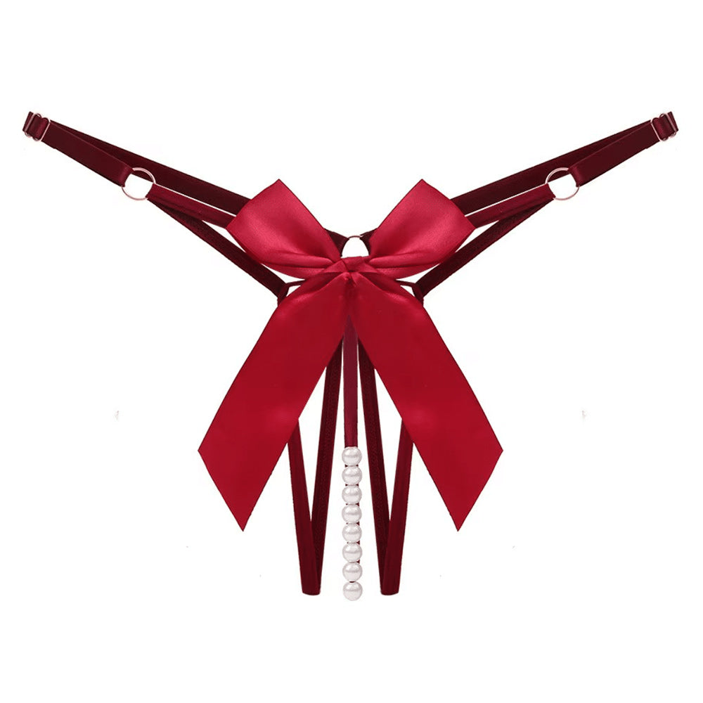Love In Leather Pearl Bow Crotchless Panties