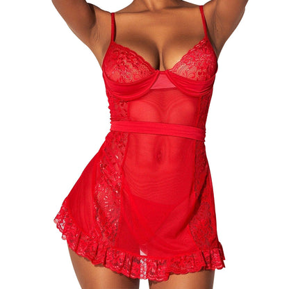 Mapale Lace & Sheer Babydoll with G-String
