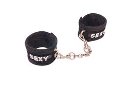 Love In Leather Faux Fur-Lined Sexy Motif Diamante Wrist Cuffs